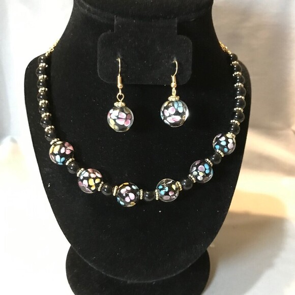 Black Confetti Beads Necklace and Earrings Set - Picture 1 of 5